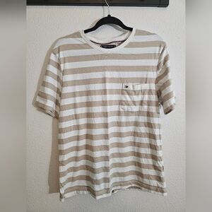 Tommy Hilfiger Men's Striped Beige and White T-Shirt